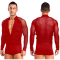Men's Latin Dance Bodysuit | Mesh Sleeves | Ruffle V-Neck