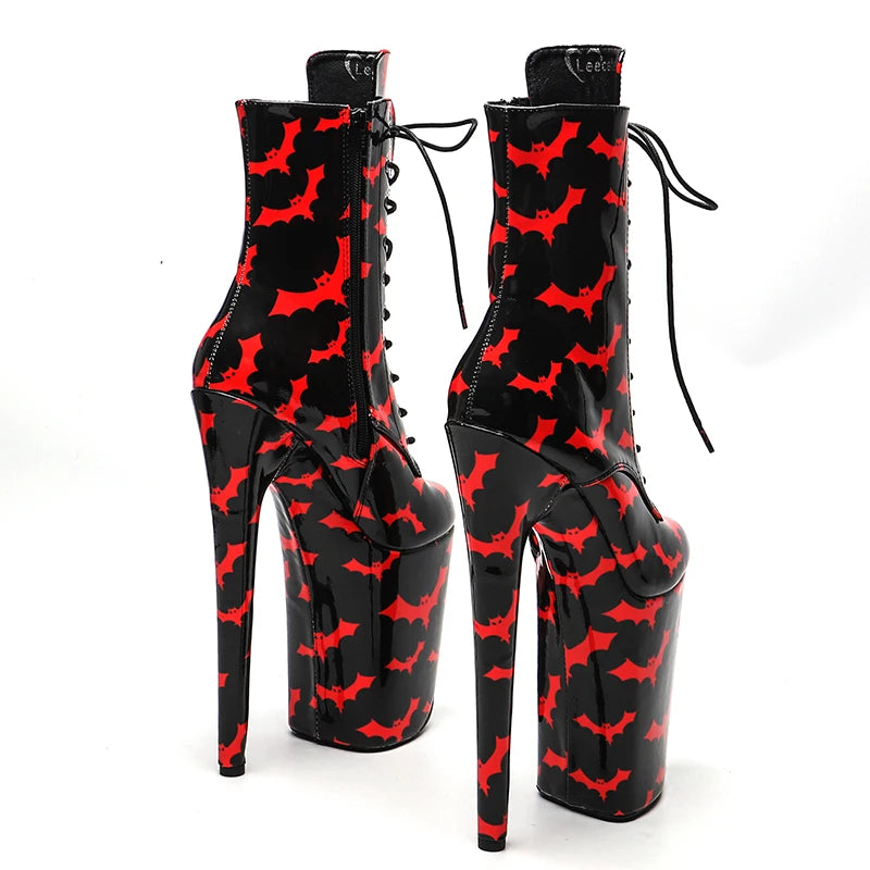9-Inch Bat Pattern Platform Boots - Patent Ankle Dance Boots