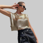 Metallic Sequin Patchwork Crop Top - Hollow-Out O-Neck