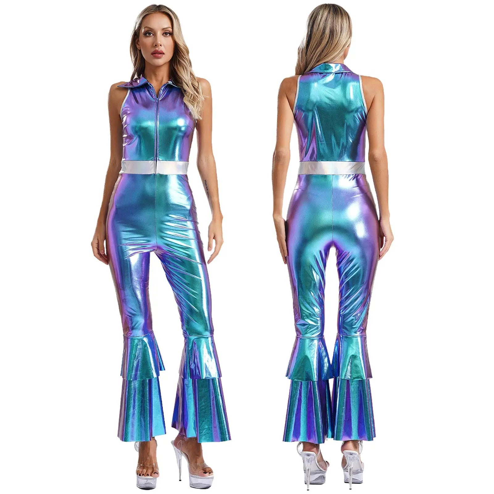 Women's Metallic Disco Jumpsuit | One Shoulder | Bell Bottom