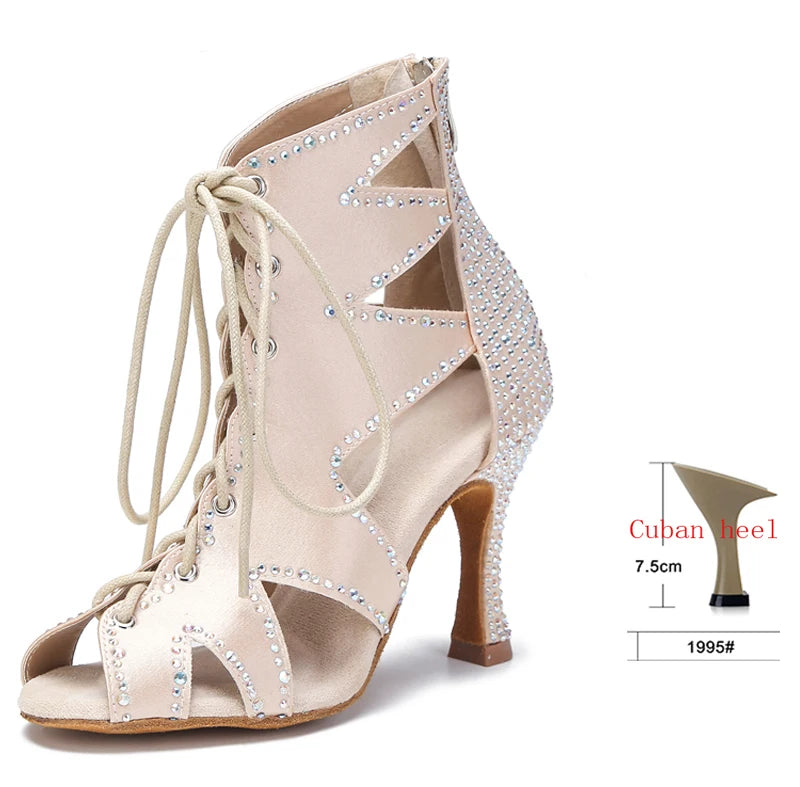 Rhinestone Lace-Up Latin Dance Booties | Black, Red, White & Nude | 6–9cm Heel