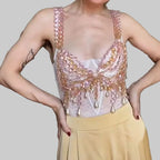 Glitter Crystal Pearl Tassel Crop Top - Backless Sheer Performance Top