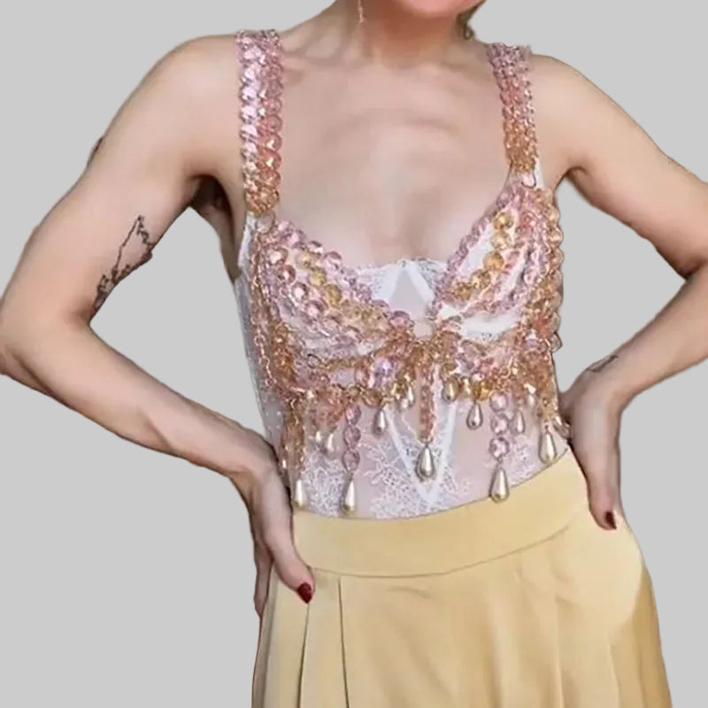 Glitter Crystal Pearl Tassel Crop Top - Backless Sheer Performance Top