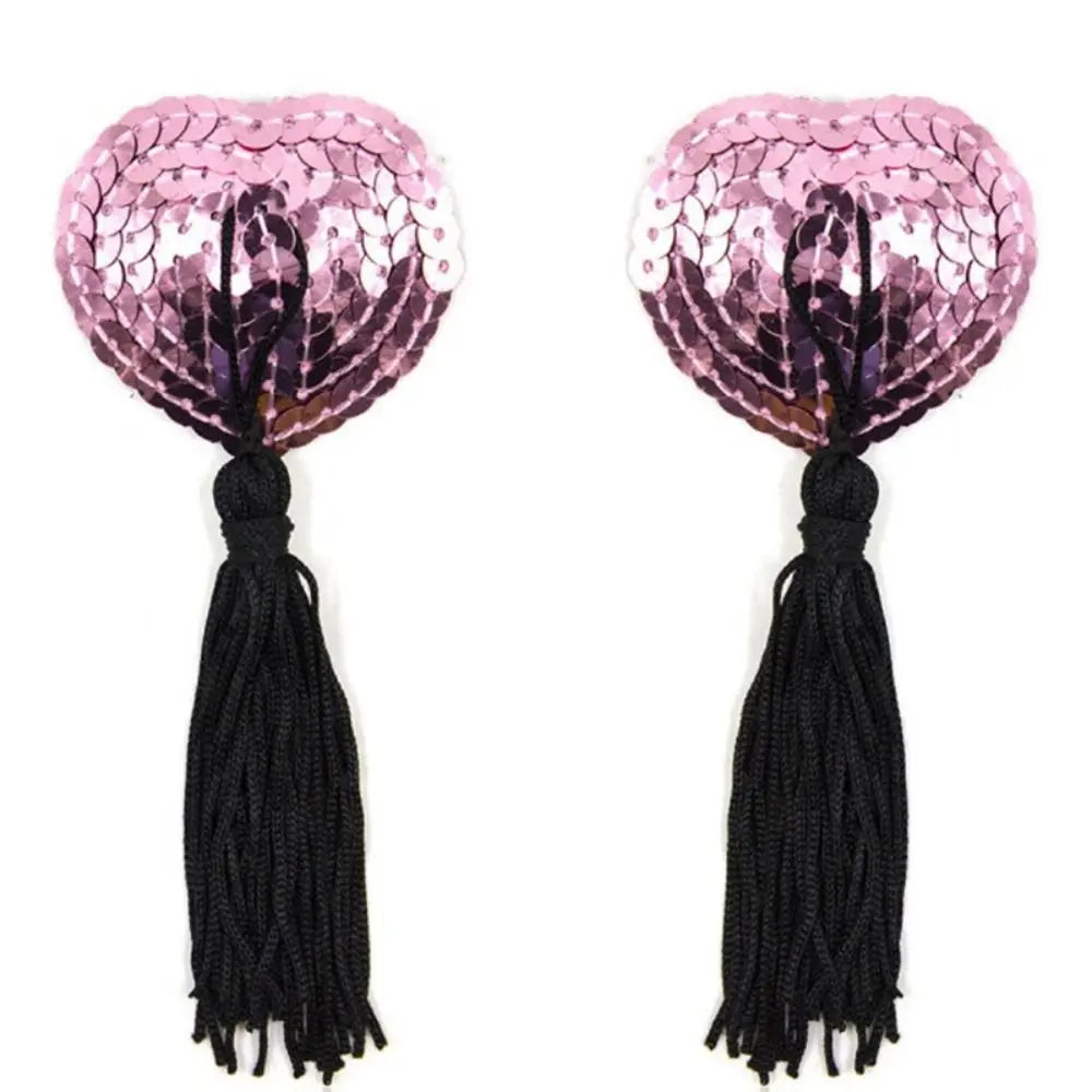 Sequin Heart Tassel Nipple Covers - Reusable Self-Adhesive Pasties for Performers