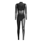 Women's Rhinestone Sheer Mesh Dance Jumpsuit | Mock Neck & One-Shoulder Styles | Gymnastics & Performance