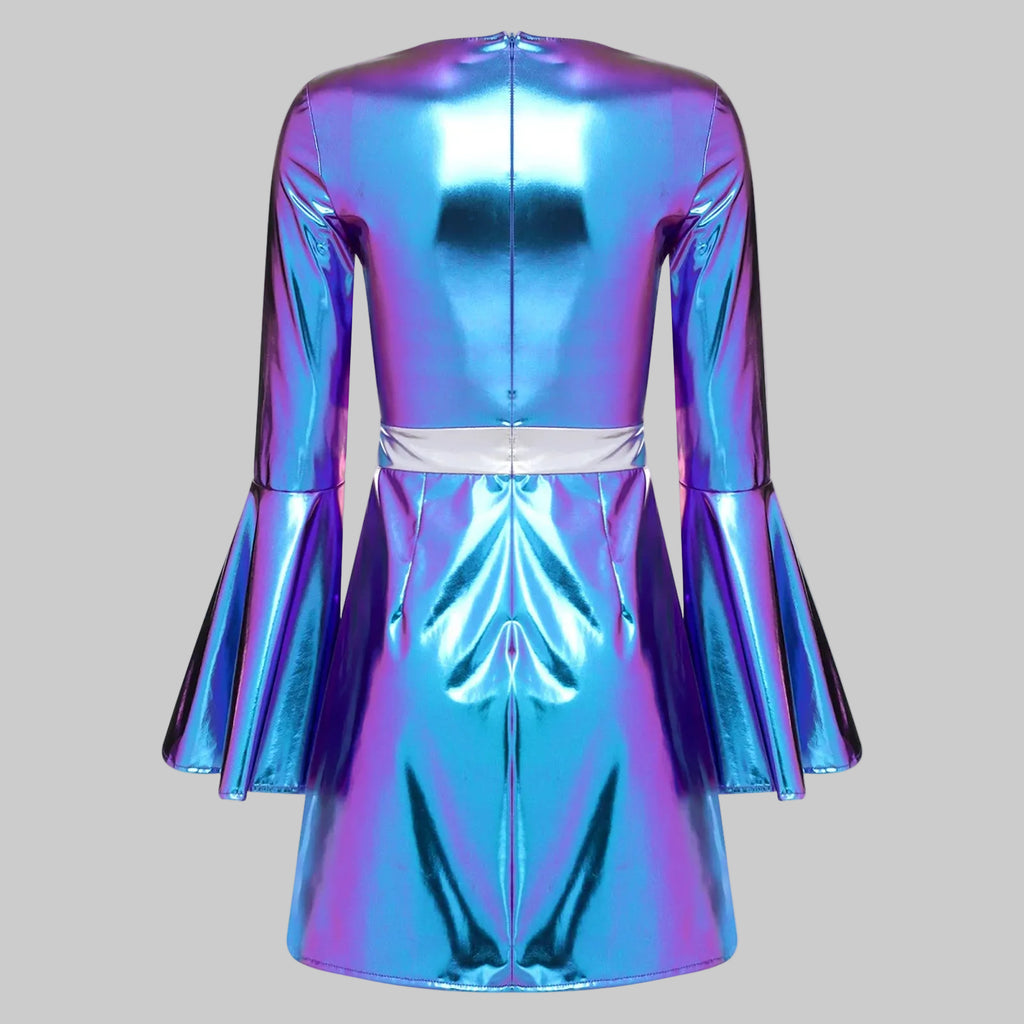 Women's Crystal 70s Disco Mini Dress - Metallic V-Neck Bodycon Costume