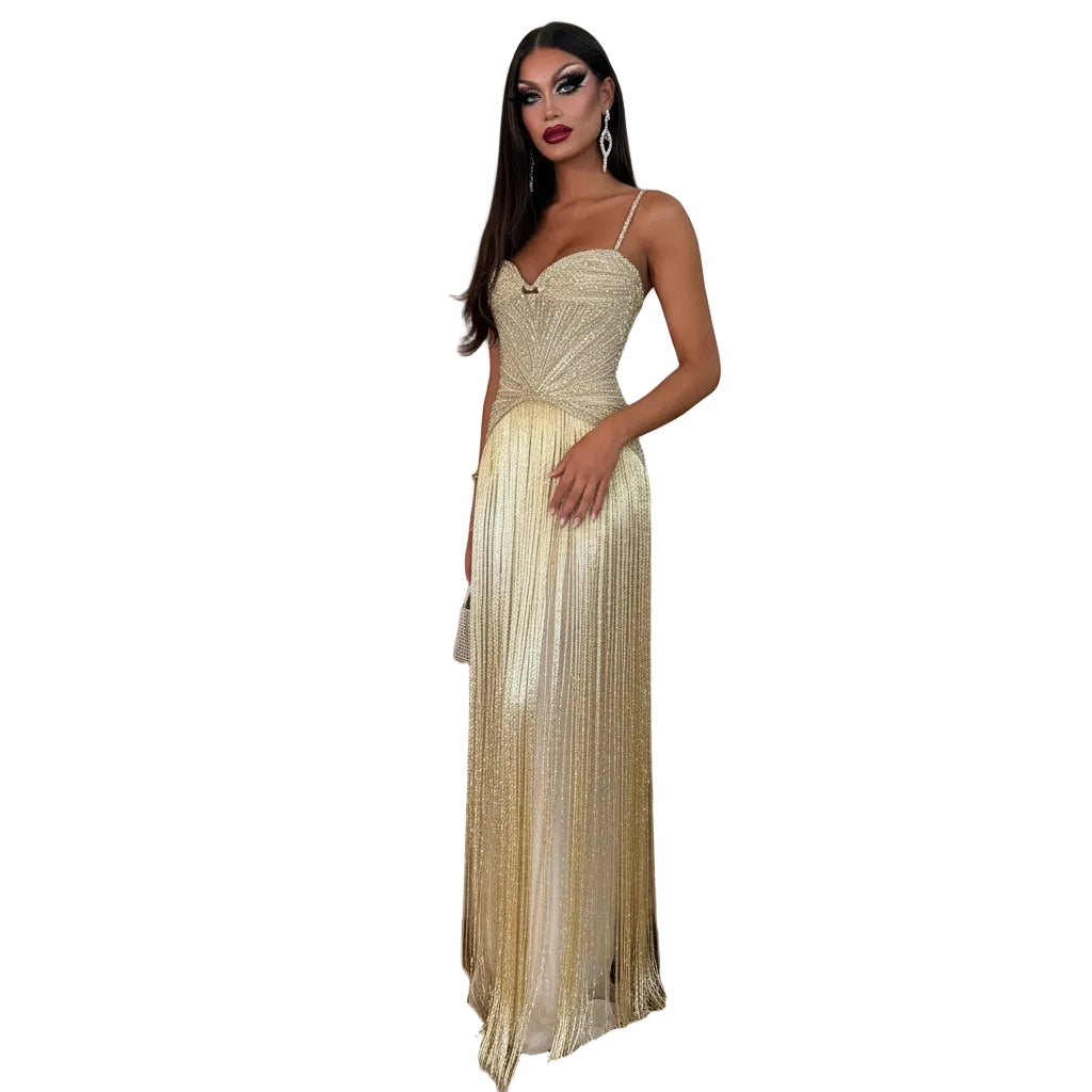 Crystal Tassel Fringe Gown | Sweetheart | Floor-Length