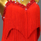 Red Latin Dance Dress – Rhinestone Crystal Tassel Performance Gown