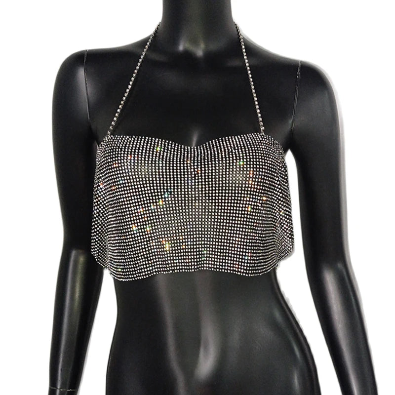 Bling Rhinestone Sequin Halter Crop Top - Backless Metal Tank