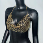 Leopard Print Sequin Crop Top - Chain Halter Backless