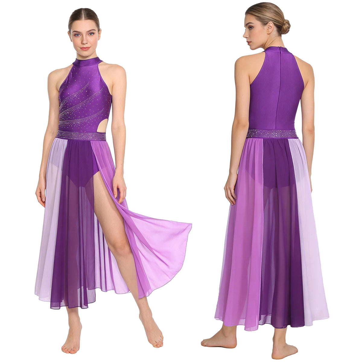 Rhinestone Lyrical Dress | Color-Block | Side Split | Mesh