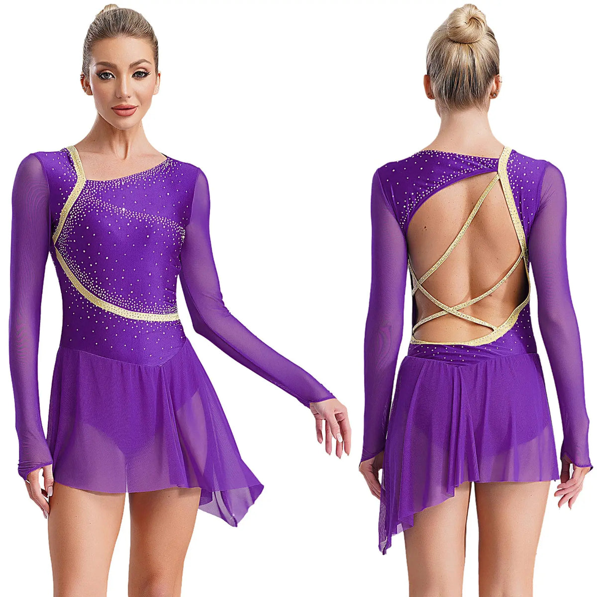 Rhinestone Mesh Skating Dress | Long Sleeve | Backless