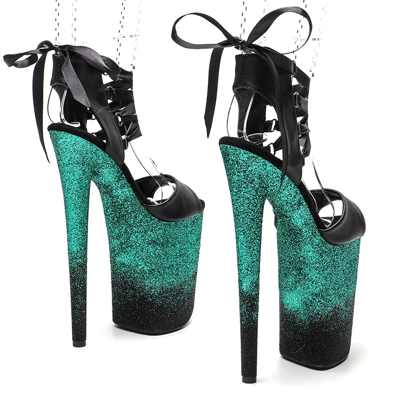 9-Inch Matte Glitter Platform Sandals - Open Toe Dance Heels