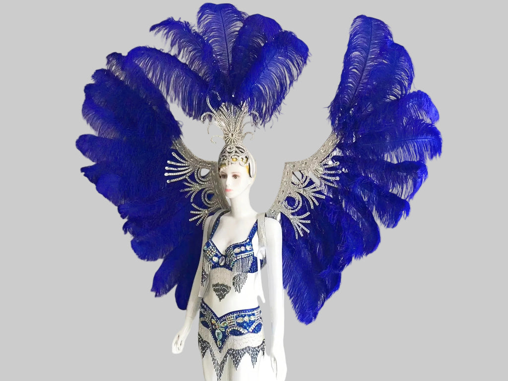 Royal Blue Samba Feather Headdress & Wings - Carnival Costume Set