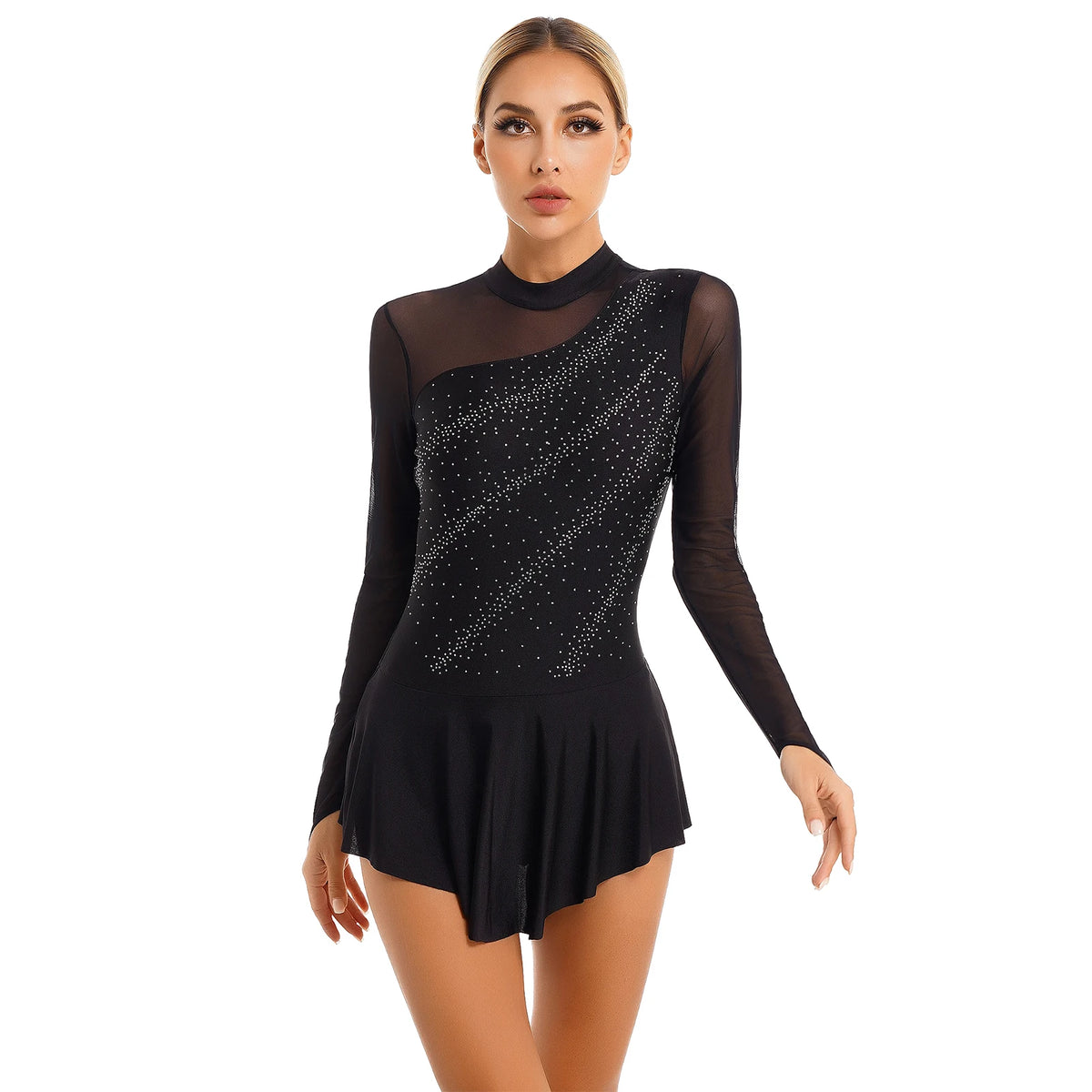 Rhinestone Skating Dress | Mesh Skirt | Long Sleeve