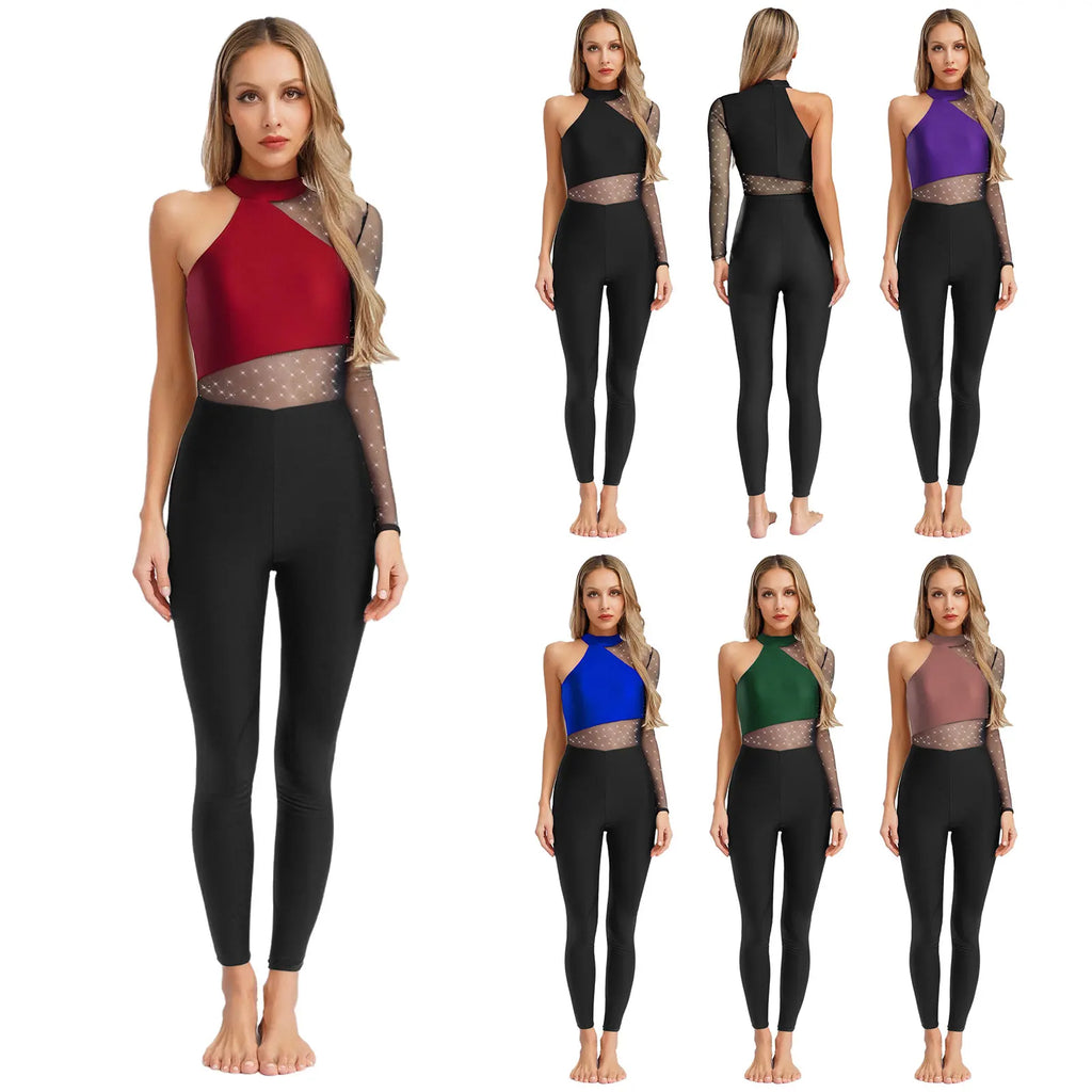 One Shoulder Rhinestone Mesh Jumpsuit | Dance Unitard