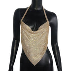 Rhinestone Mesh Halter Crop Top - Shiny Metal Hollow-Out Backless Tank for Stage & Festival