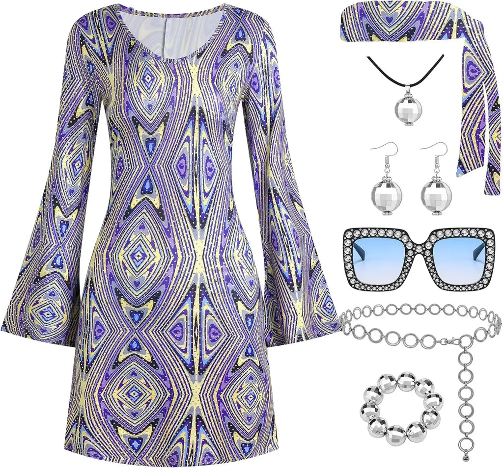 70s Disco Dress Set | 7-Piece Costume | Flare Sleeve