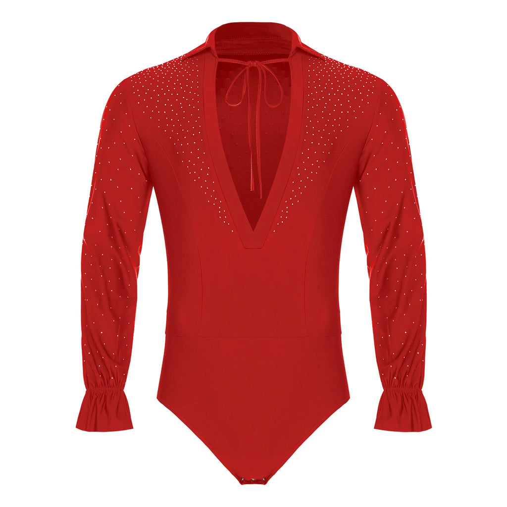 Men's Rhinestone Deep V-Neck Dance Bodysuit | Long Sleeve & Snap Crotch | Latin & Jazz