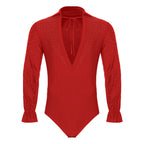 Men's Rhinestone Deep V-Neck Dance Bodysuit | Long Sleeve & Snap Crotch | Latin & Jazz