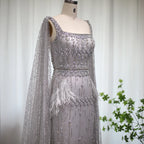 Crystal Mermaid Gown with Cape | Feather Trim | 3 Colors
