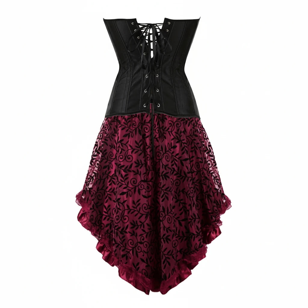 Peacock Brocade Overbust Corset Dress | Feather Trim & Hi-Low Lace Skirt | Gothic & Steampunk | XXS–7XL