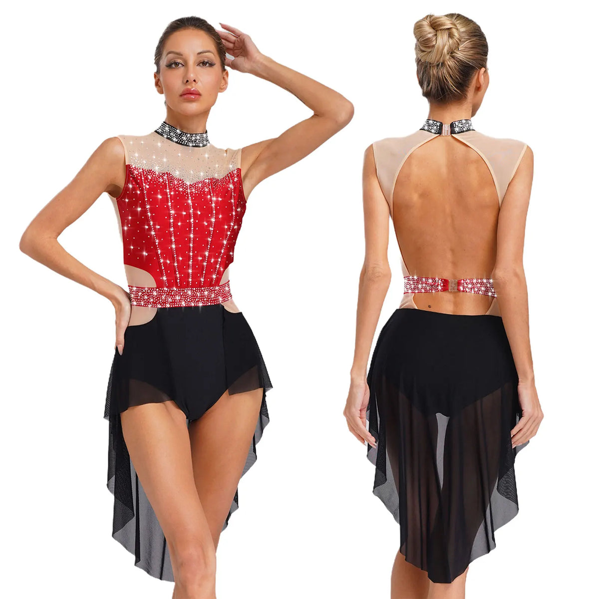 Dance Leotard Dress | Rhinestone Mesh Overlay