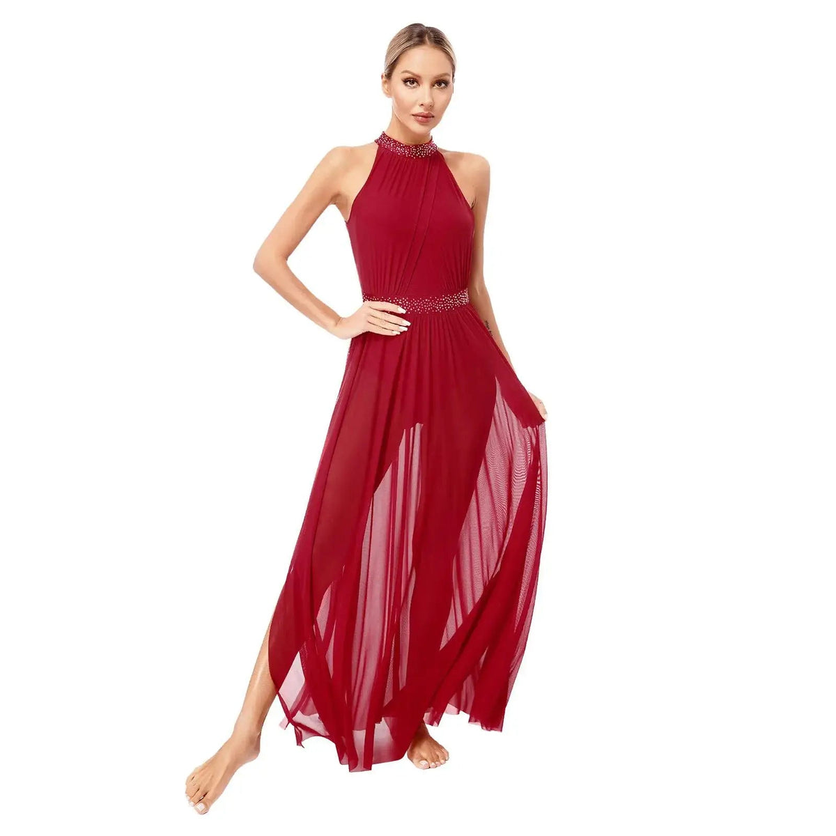 Women's Spaghetti Strap Lyrical Dance Dress | Built-In Leotard & Sheer Mesh Maxi Skirt | Front Slit