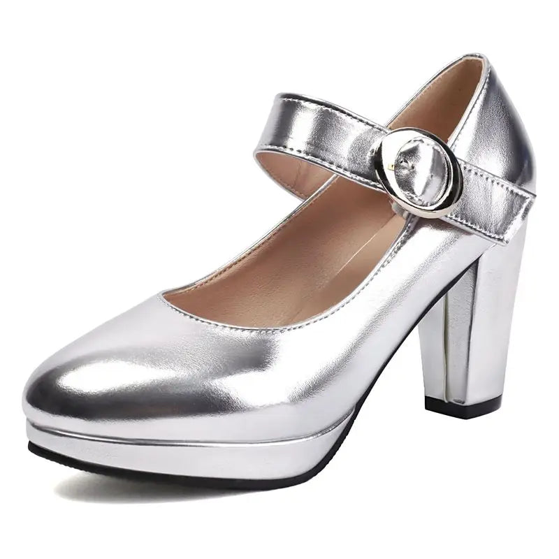 Shiny Mary Jane Platform Pumps | Buckle Strap | 8.5cm Square Heel | EU 32–48