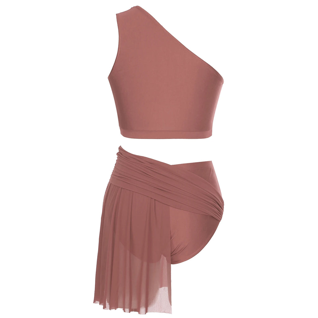 One Shoulder Rhinestone Dance Set | Crop Top & Skirted Brief
