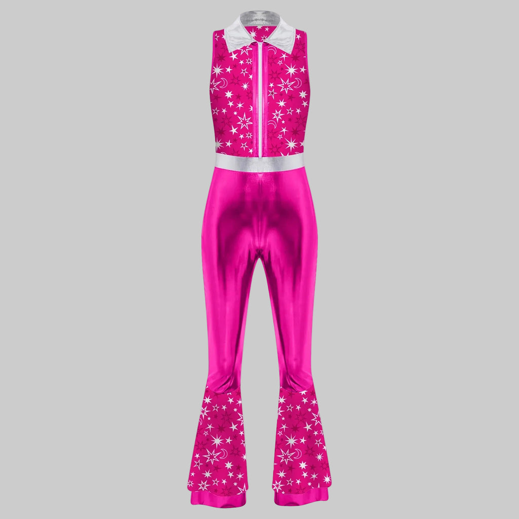 Women's Metallic Print 70s Disco Jumpsuit - Sleeveless Tiered Flare Performance Costume