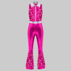 Women's Metallic Print 70s Disco Jumpsuit - Sleeveless Tiered Flare Performance Costume