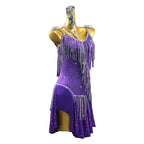Purple Rhinestone Tassel Latin Dance Dress with Accessories Set — Premium Competition