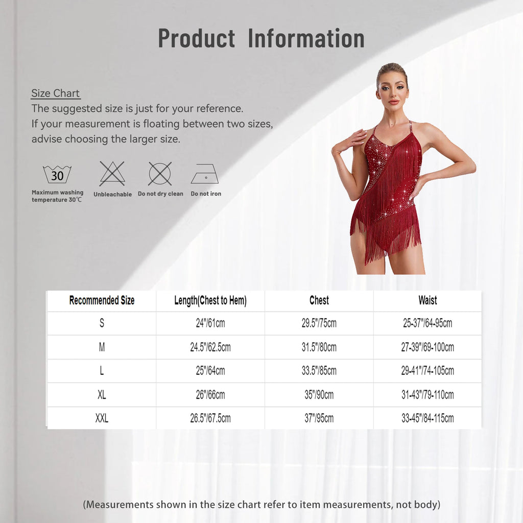 Rhinestone Tassel Latin Leotard | Halter Neck | Backless | Fringe Skirt