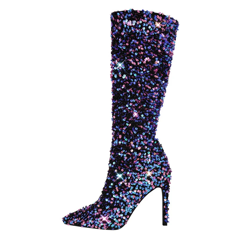 Sequin Stiletto Mid-Calf Boots