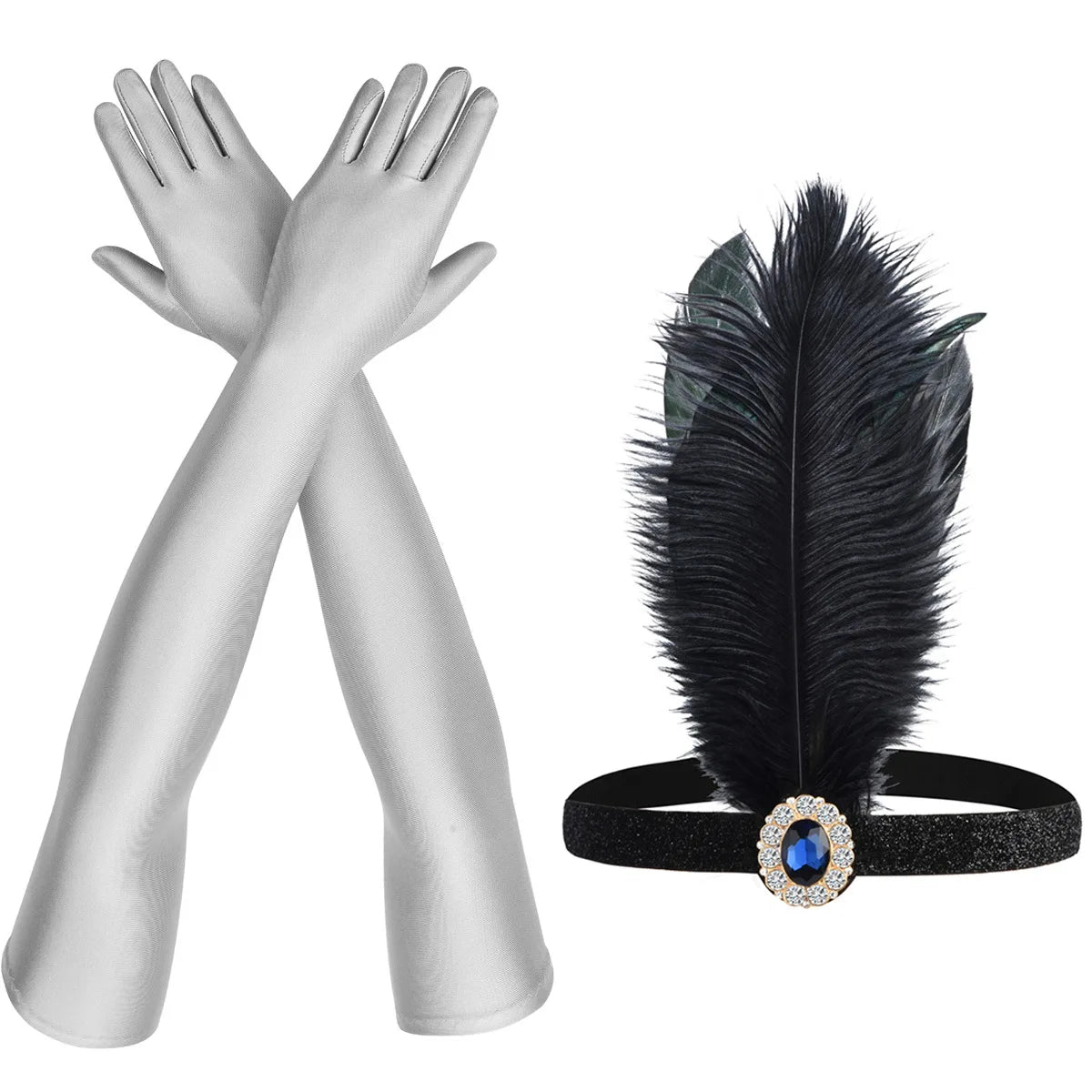 1920s Accessory Set | Feather Headband & Gloves