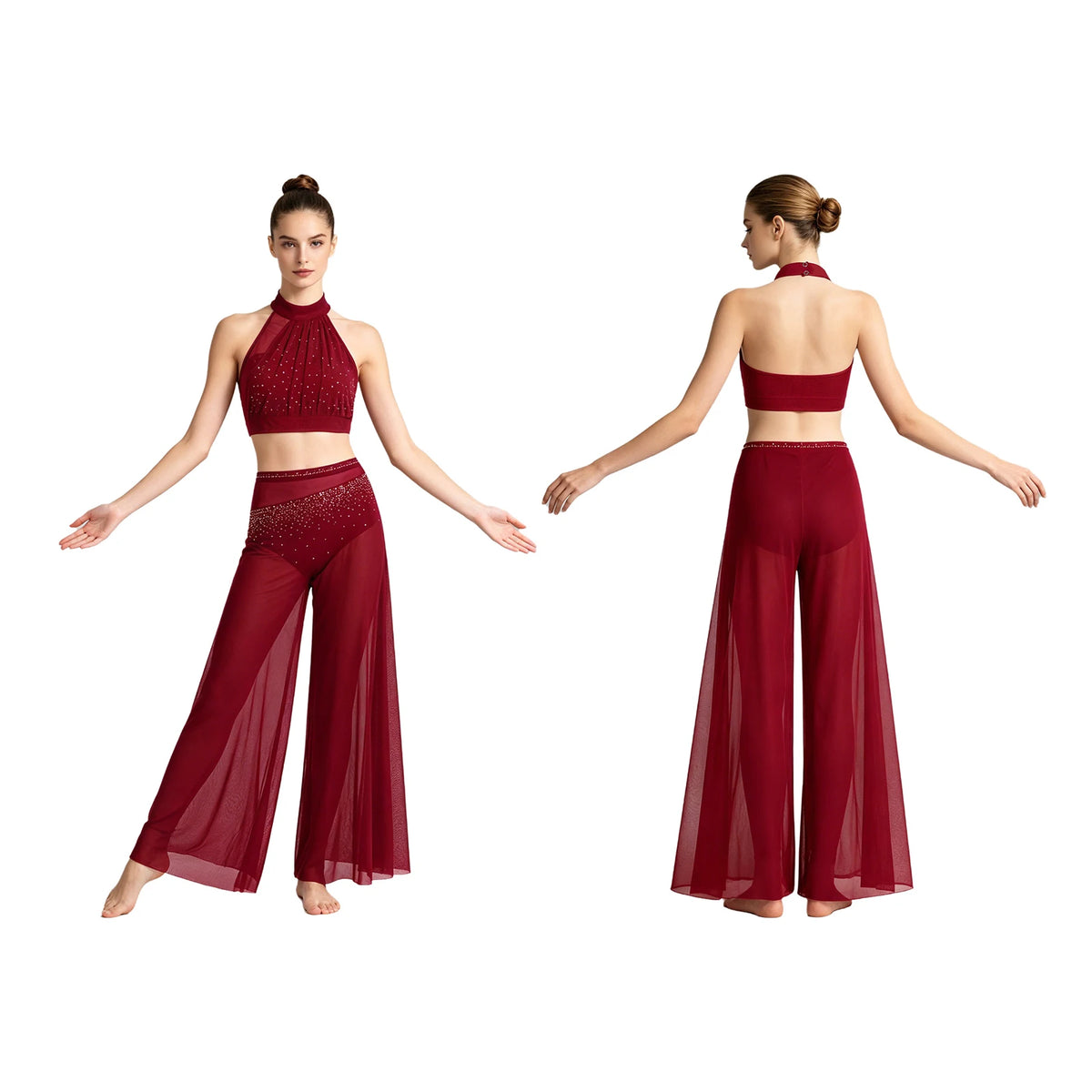 Rhinestone Crop Top & Sheer Pants Set | Lyrical Dance | Built-In Brief