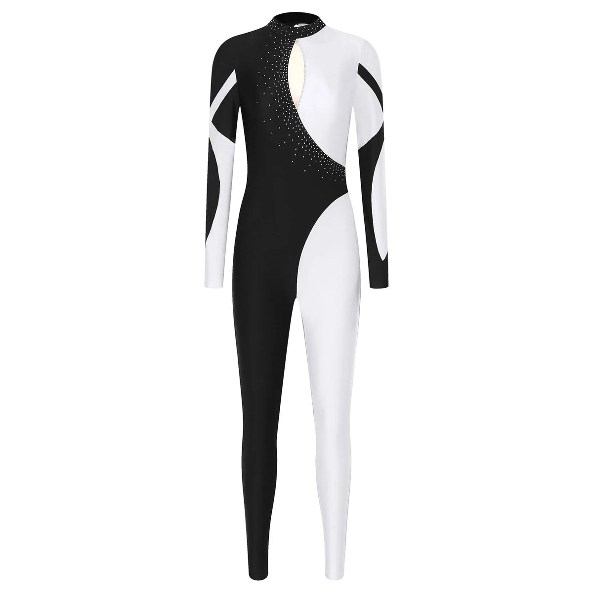 Women's Colorblock Rhinestone Unitard | Mock Neck | Open Back | 5 Colors | S–XXL