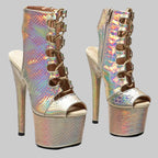 17CM Shiny Snake Print Platform Ankle Boots - 7 Inch High Heel Pole Dance Boots
