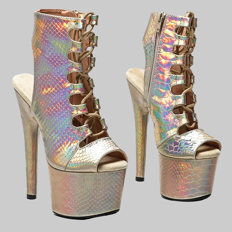 17CM Shiny Snake Print Platform Ankle Boots - 7 Inch High Heel Pole Dance Boots