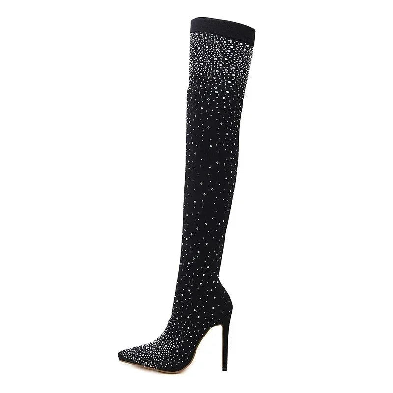 Crystal Rhinestone Stretch Sock OTK Boots | Stiletto | 7cm & 12cm