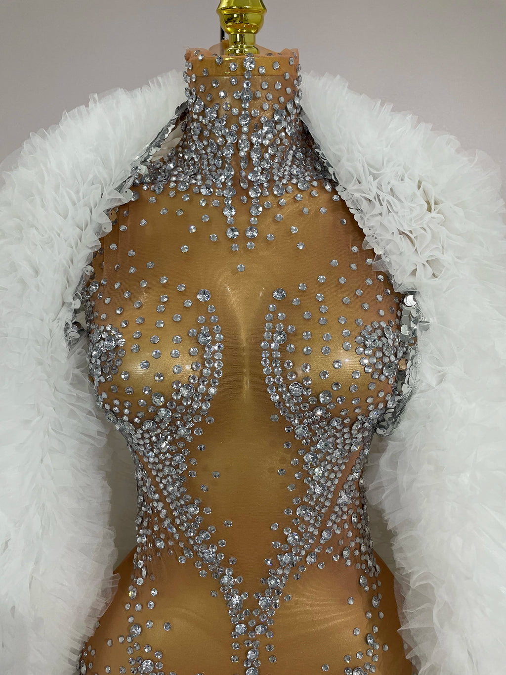 Rhinestone Crystal Bodysuit & Faux Fur Coat | Stage Performance Set