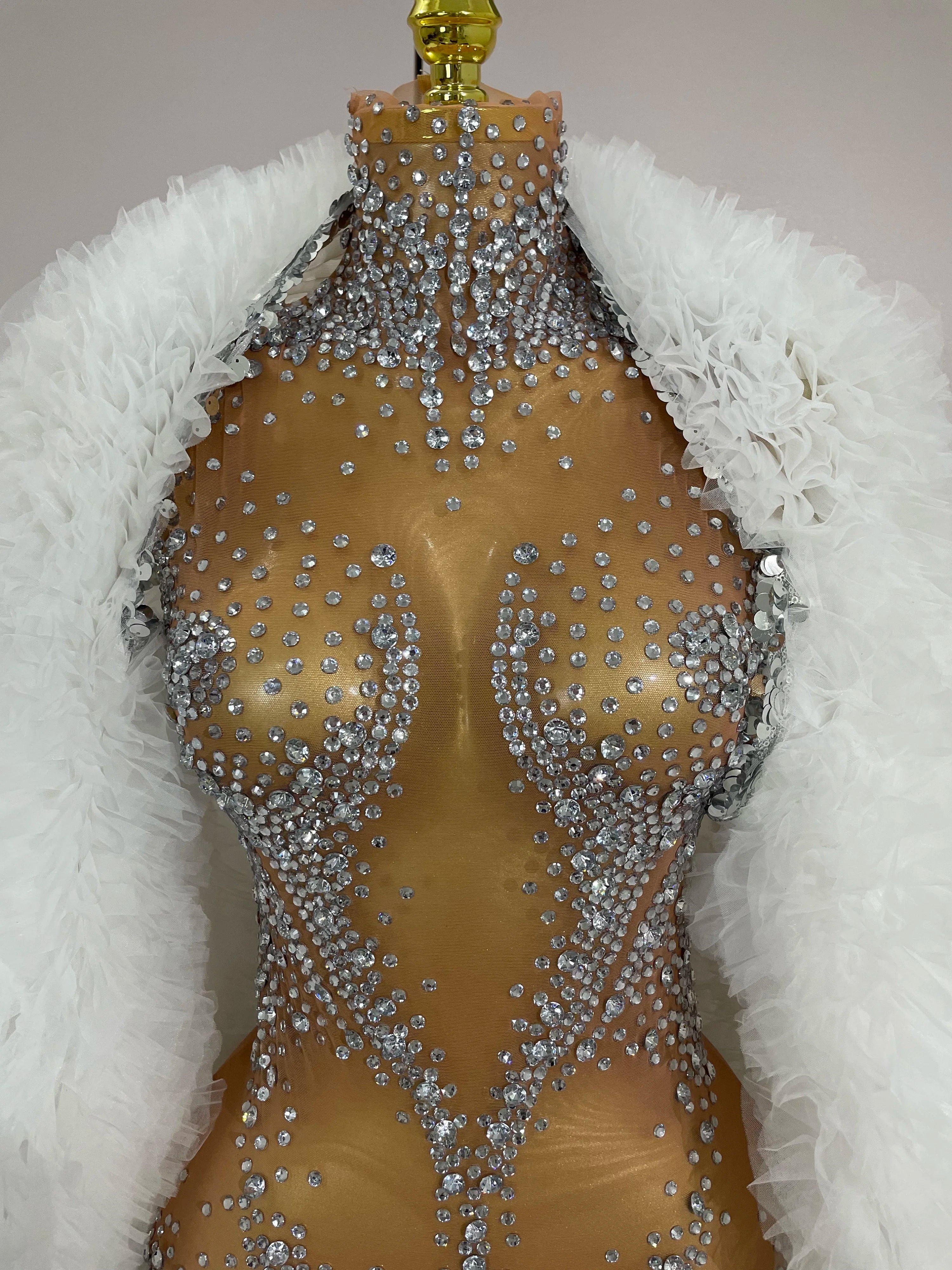 Rhinestone Crystal Bodysuit & Faux Fur Coat | Stage Performance Set