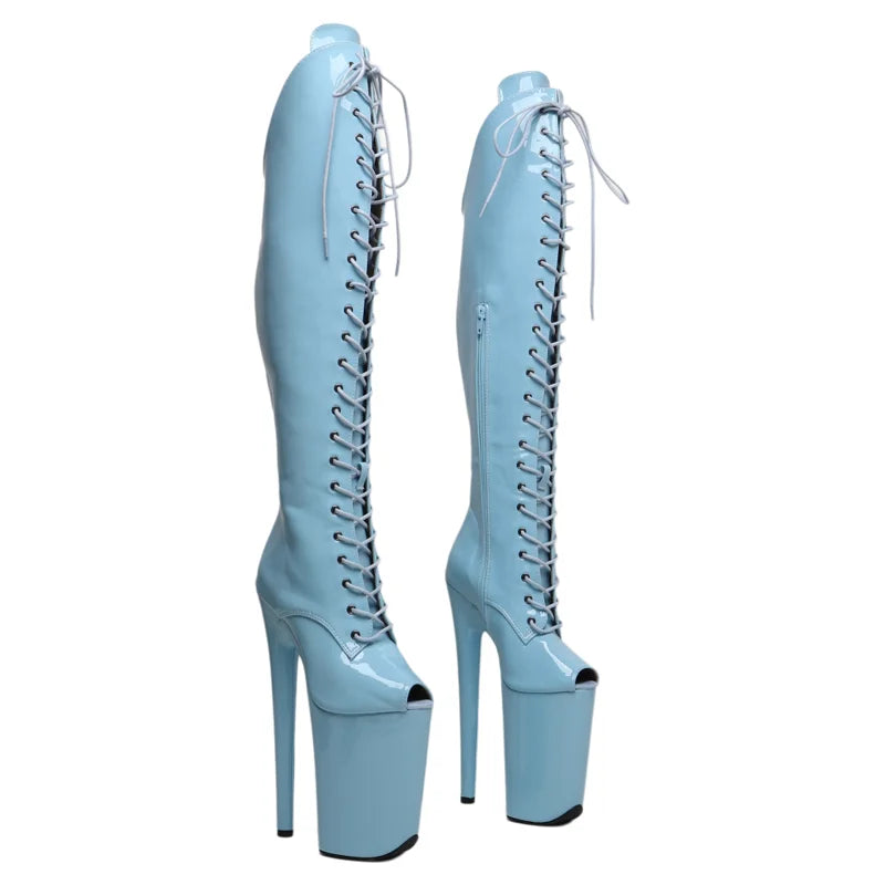 9-Inch Patent Thigh-High Boots - Open Toe Platform Dance Boots