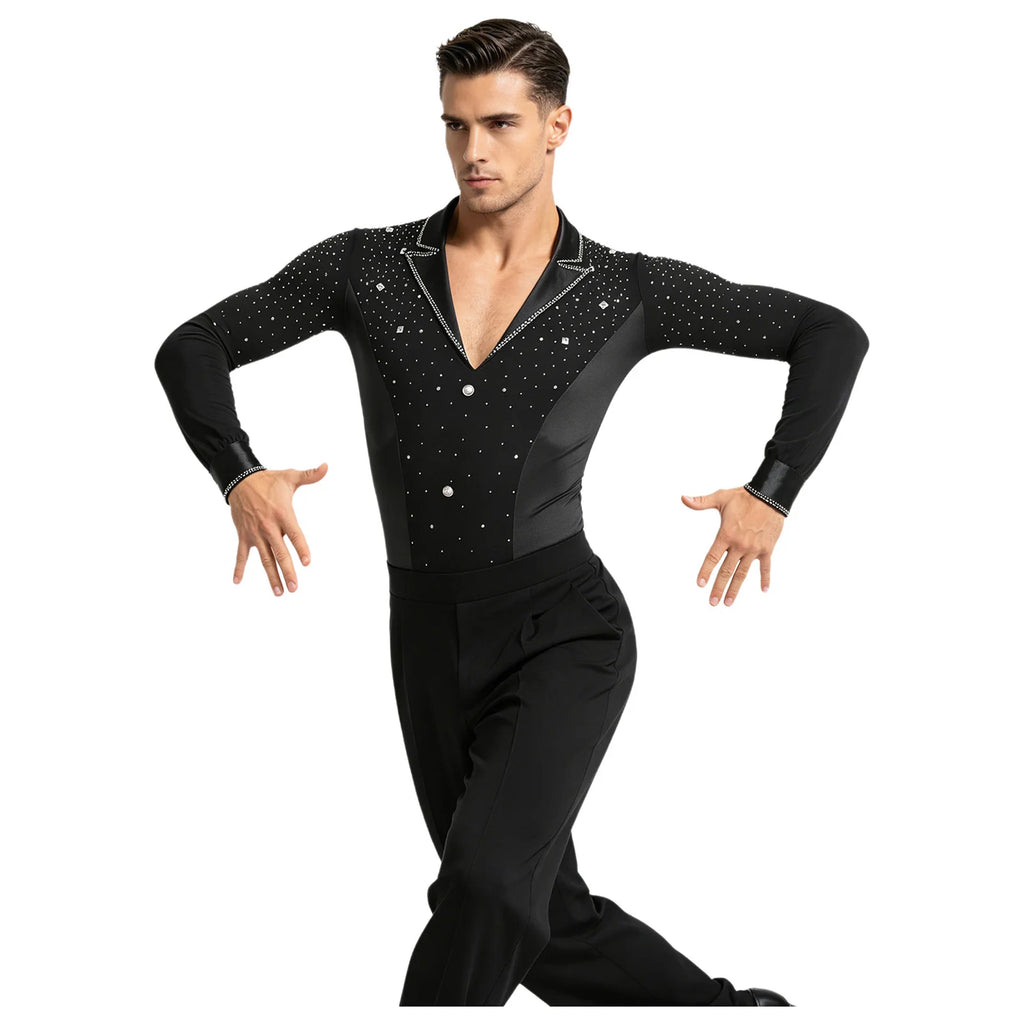 Men's Rhinestone Dance Leotard | V-Neck Lapel & Long Sleeve | Snap Crotch