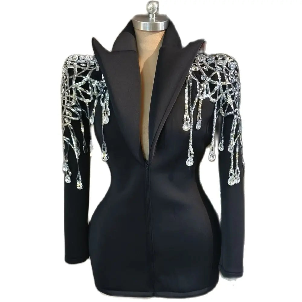 Rhinestone Fringe Blazer Mini Dress | Crystal Tassel | Showgirl | Stage Performance