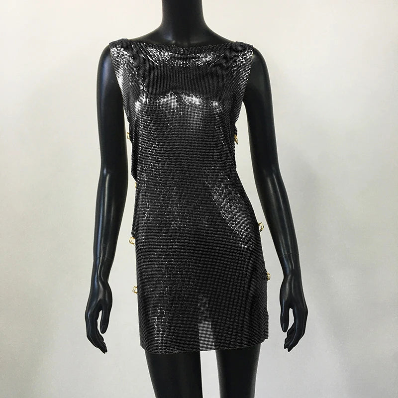 Metallic Sequin Mini Dress - Backless Sheer Party Dress