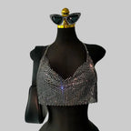 Rhinestone Metal Chain Halter Crop Top - Deep V-Neck Backless Tank for Stage & Festival