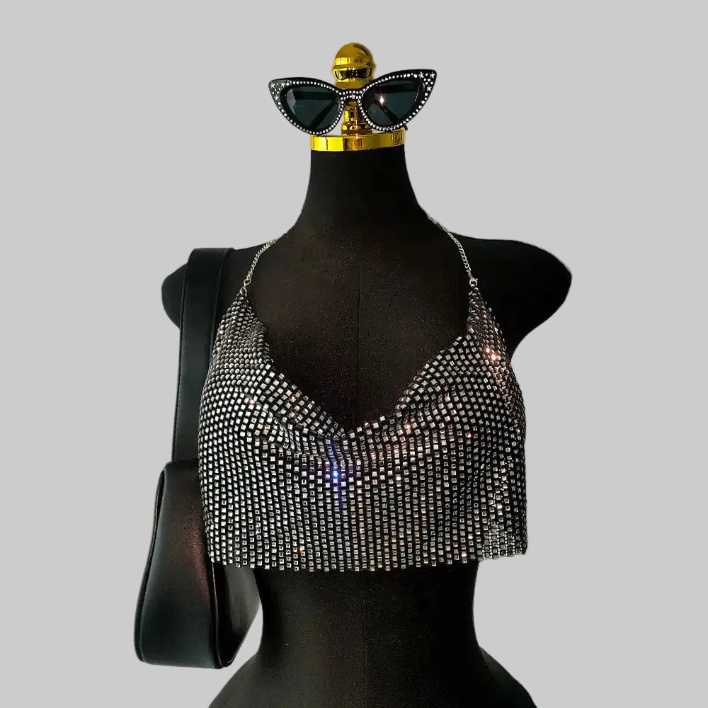 Rhinestone Metal Chain Halter Crop Top - Deep V-Neck Backless Tank for Stage & Festival