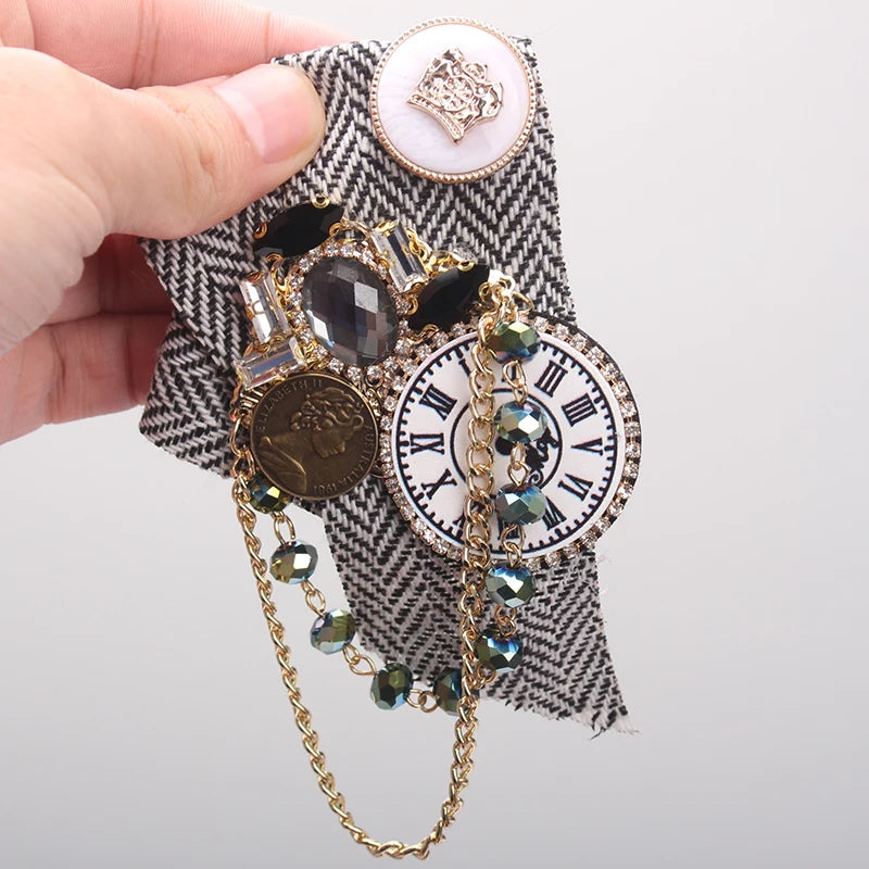Steampunk Clock Brooch | Rhinestone & Chain | Lapel Pin